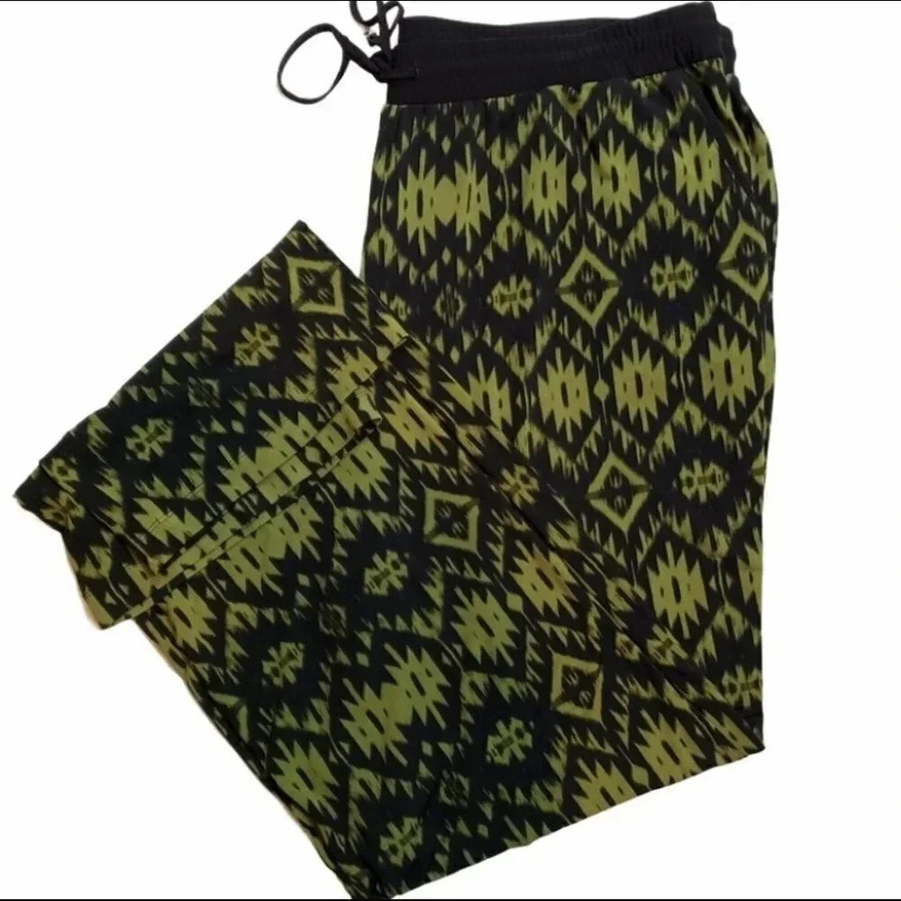 NY Collection Jogger Pants XL Green Black Geometric Ikat Drawstring Waist
